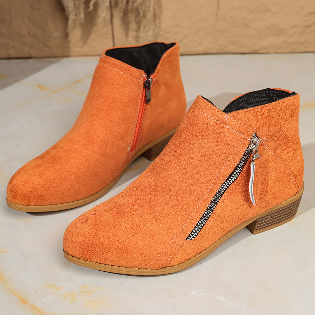 Damen Moderne Kurzschaft-Stiefelette mit sichtbarem Metallreißverschluss und niedriger Holzoptik-Blocksohle Drune