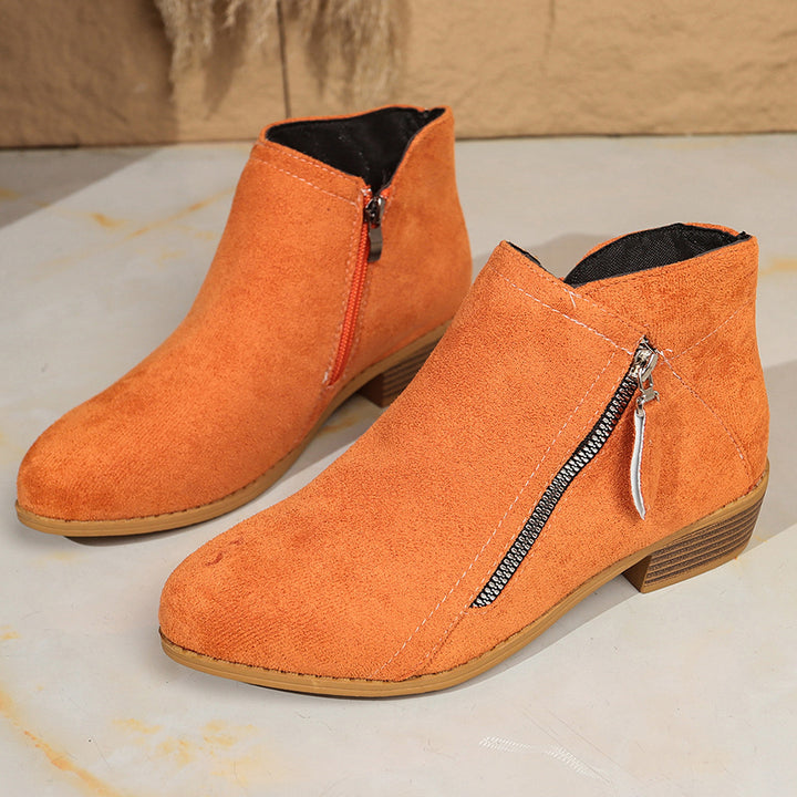 Damen Moderne Kurzschaft-Stiefelette mit sichtbarem Metallreißverschluss und niedriger Holzoptik-Blocksohle Drune