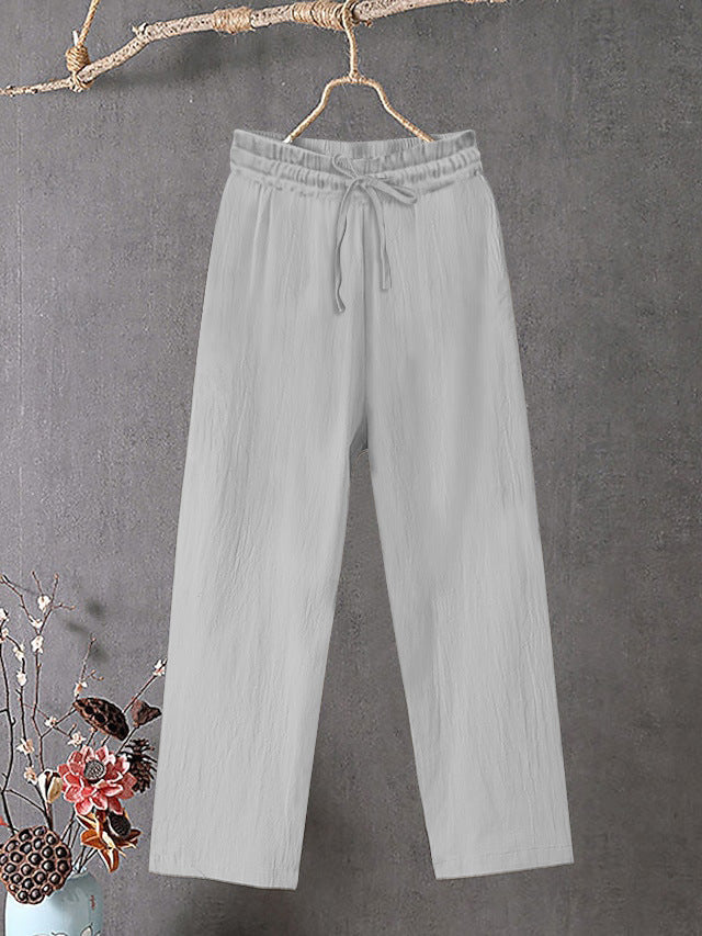 Damen Crinkle Leinenmischung Hose mit elastischem Kordelzug, gerade Beinform und lässiger Passform Drune