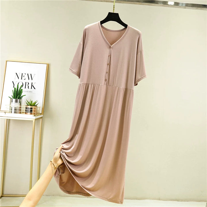 Modal-Kurzarmkleid mit Knopfleiste für Damen, lockere Passform und figurschmeichelnde Wirkung Drune