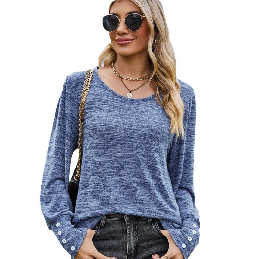 Damen Lässiges Langarmshirt mit Knopfmanschetten und weitem Rundhalsausschnitt Drune