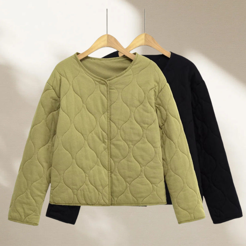 Damen gesteppte Jacke mit Rundsteppung, Knopfleiste und V‑Ausschnitt Drune