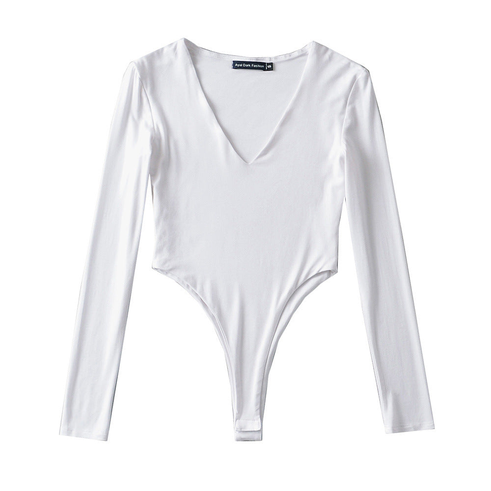 Damen figurbetontes Langarmbodysuit mit tiefem V-Ausschnitt Drune