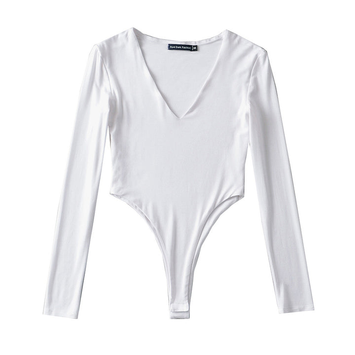 Damen figurbetontes Langarmbodysuit mit tiefem V-Ausschnitt Drune