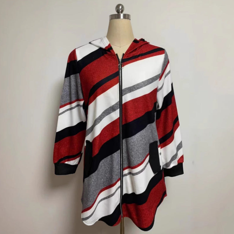 Damen nan Longline-Kapuzenjacke mit diagonalem Streifenmuster, Ringreißverschluss und Seitentaschen Drune
