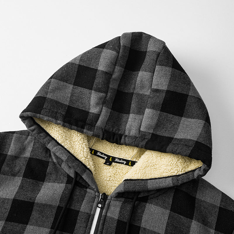 Herren karierte Teddyfleece Kapuzenjacke mit Sherpa-Innenfutter und Reißverschluss Drune
