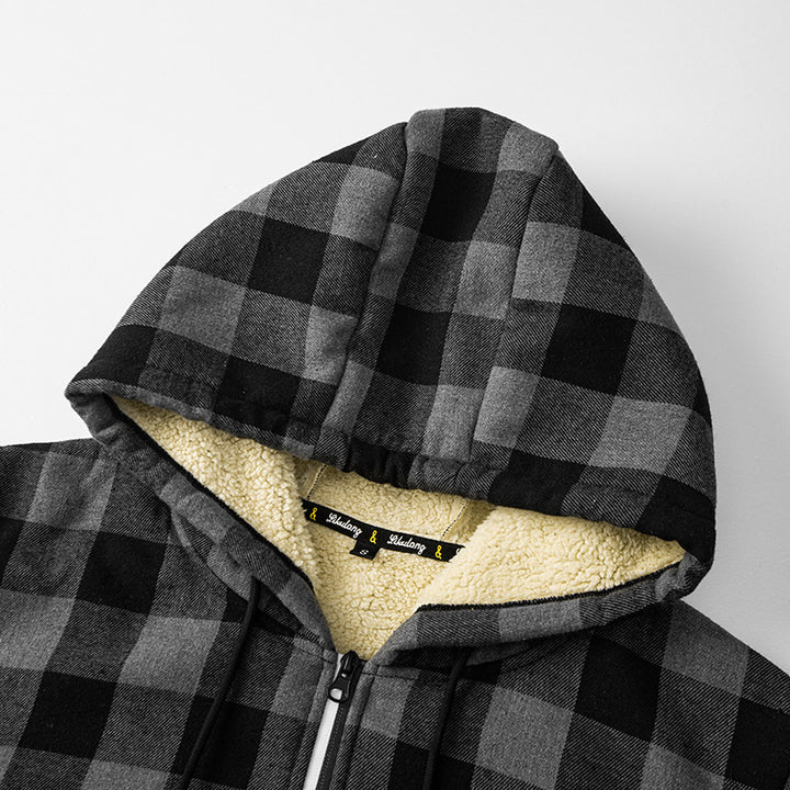 Herren karierte Teddyfleece Kapuzenjacke mit Sherpa-Innenfutter und Reißverschluss Drune