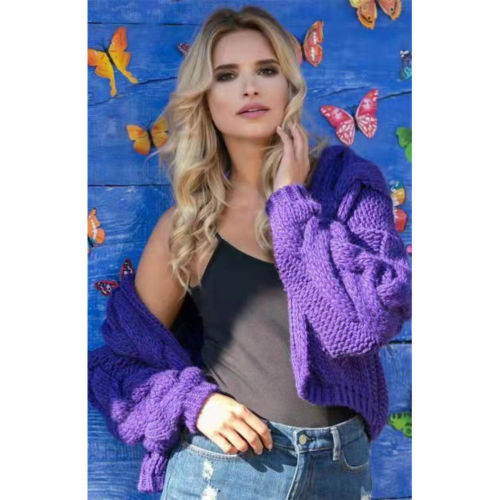 Damen gestrickte Kapuzenjacke mit voluminösem Gewebe und Zopfmuster Drune