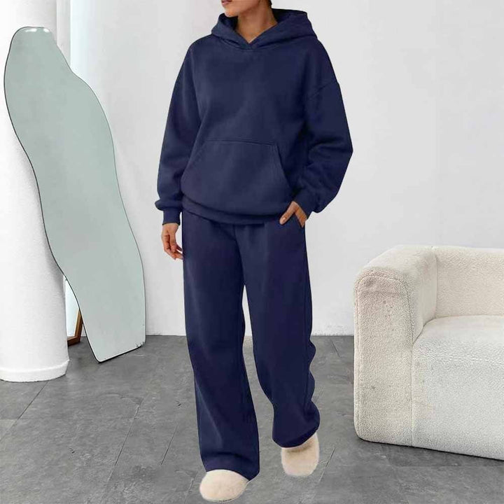 Damen nan zweiteiliges Freizeit-Lounge-Set mit Kapuzenpullover, Kängurutasche und gerader Loungehose aus weichem Baumwollmix Drune