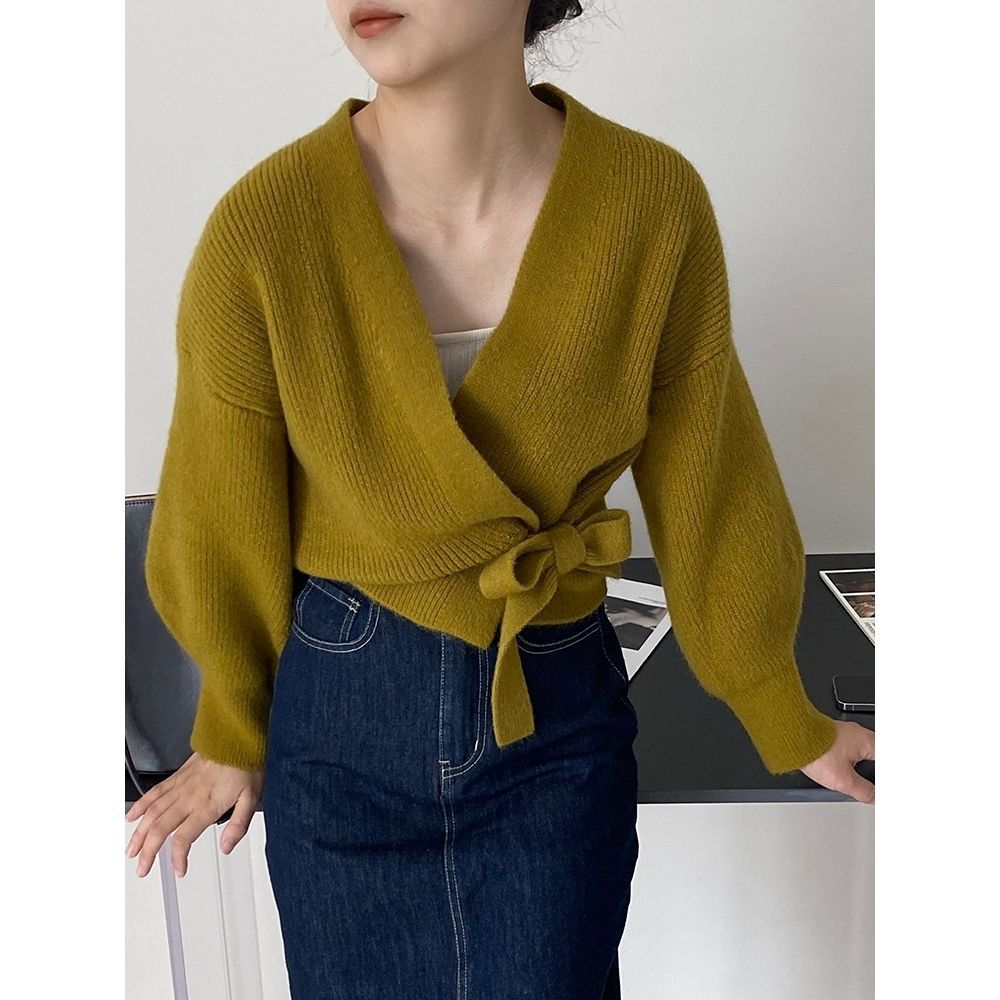 Damen eleganter Wickelpullover mit V-Ausschnitt und Taillenzug Drune