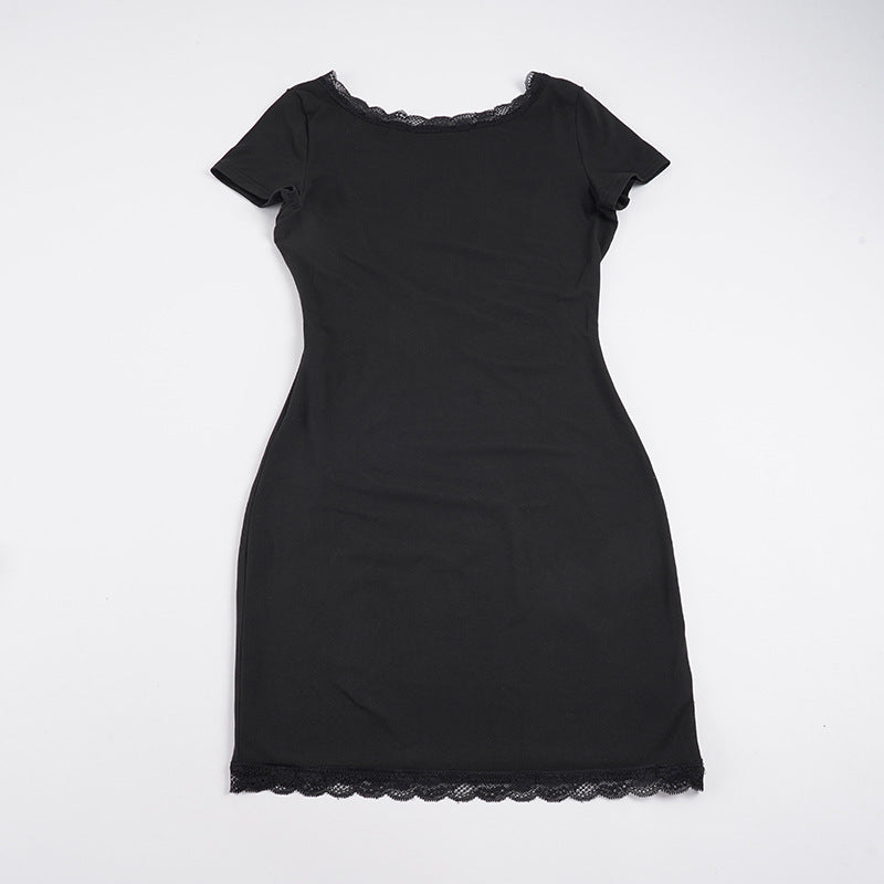 Damen Schickes Kurzarmkleid mit Spitzenbordüre Drune