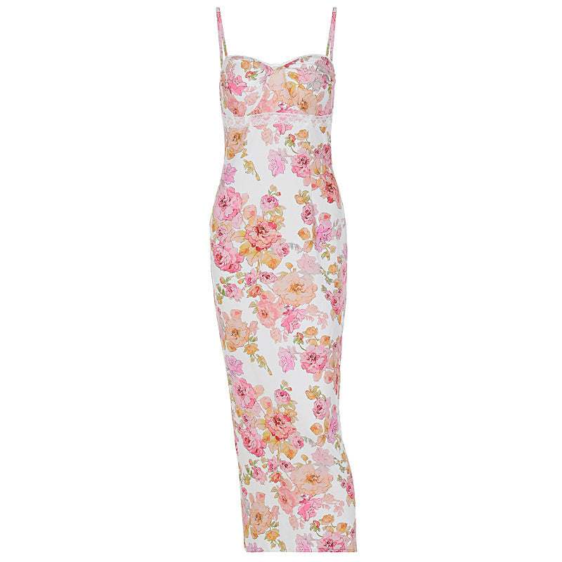 Damen Blütenmaxikleid mit verstellbaren Trägern und figurbetontem Schnitt Drune