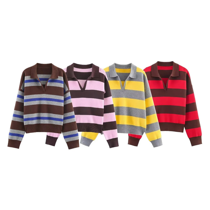 Damen nan oversized Rugby-Pullover mit Polokragen, V-Ausschnitt und breiten Streifen Drune