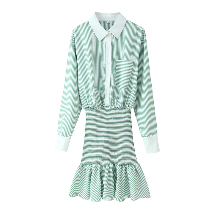 Damen Gestreiftes Hemdblusenkleid mit Taillen-Smokung, Schößchen und Kontrastkragen Drune