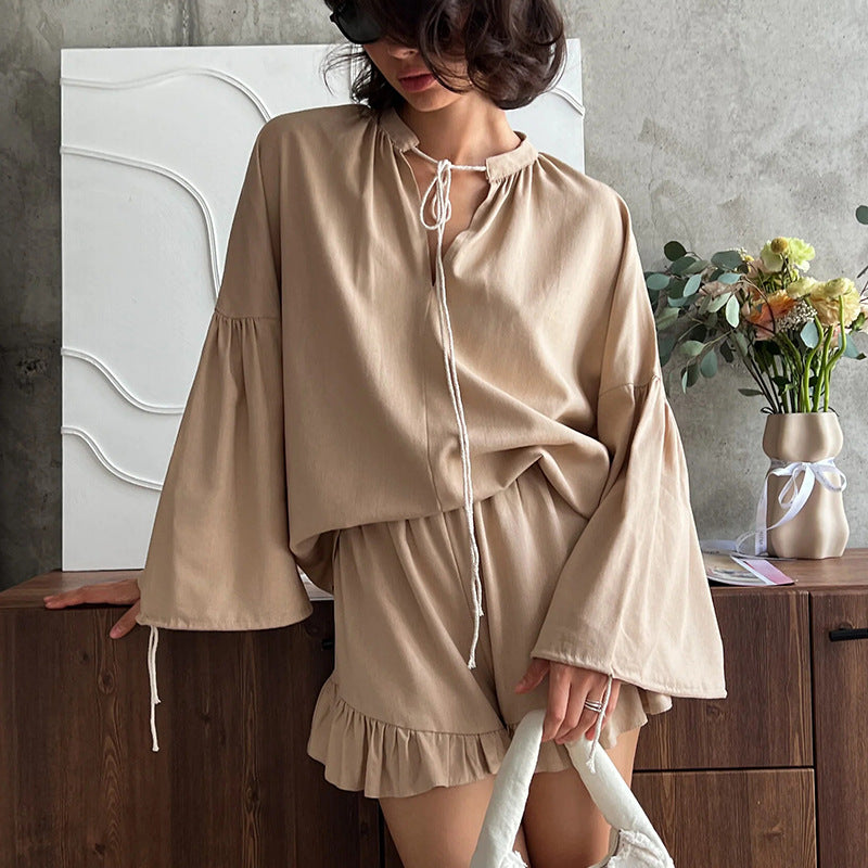 Damen Elegantes und lässiges Kurzarm-Set mit Rüschendetails Drune