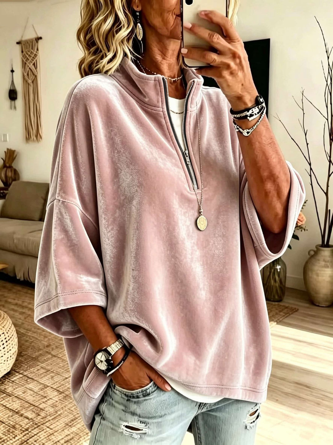 Damen Oversize Samt-Pullover mit kurzem Reißverschluss und Stehkragen Drune