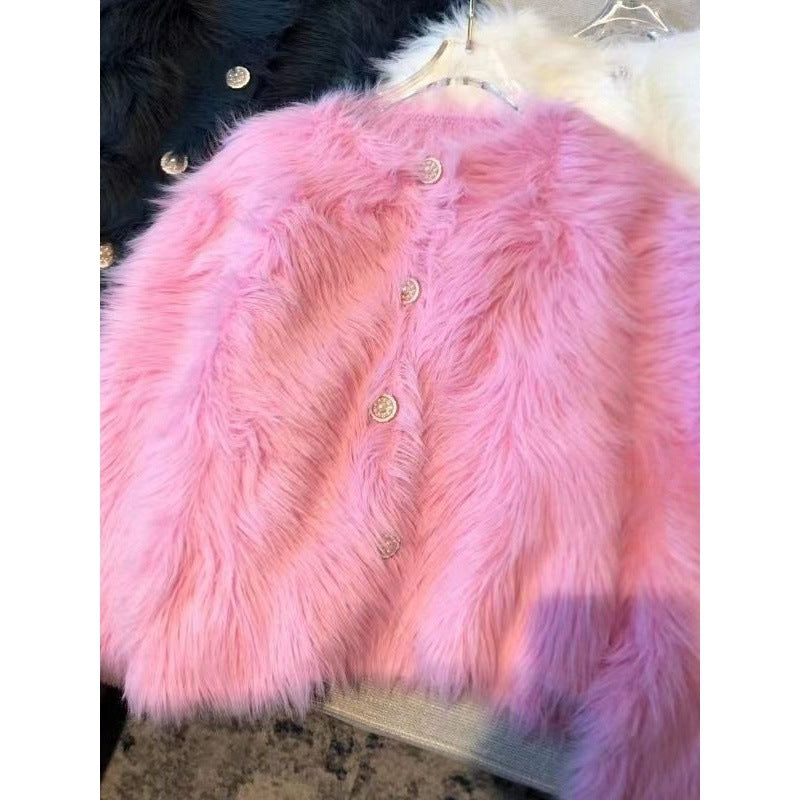 Damen Fluffy Kurzjacke mit eleganten Knopfdetails Drune