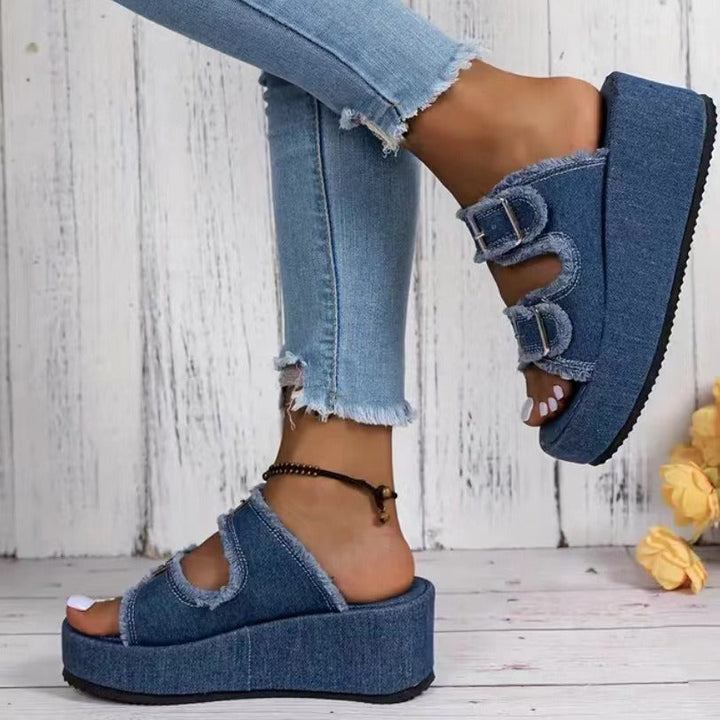 Damen bequeme Plattformsandalen aus Denim mit doppeltem Riemen Drune