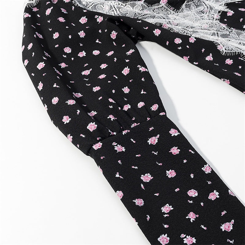 Damen Langärmeliges Maxikleid mit Spitzenborten, tiefem V‑Ausschnitt und floralem Alloverprint Drune