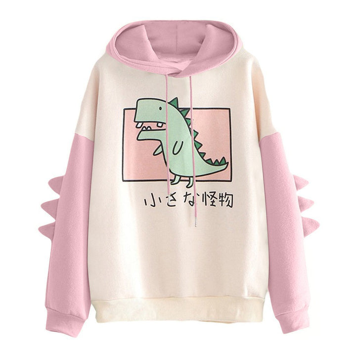 Damen nan weiter Kapuzenpullover mit dreidimensionalen Rückenstacheln und niedlichem Dino-Print Drune