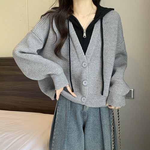 Damen lässiger Strickcardigan mit Kapuzendetail und Knopfverschluss Drune