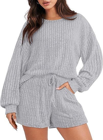 Damen gemütlicher Fleece Lounge-Anzug mit weiten Ärmeln und elastischem Bund Drune