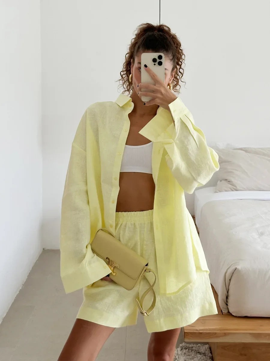 Damen lässiges Leinen Set mit lockerer Bluse und Shorts Drune
