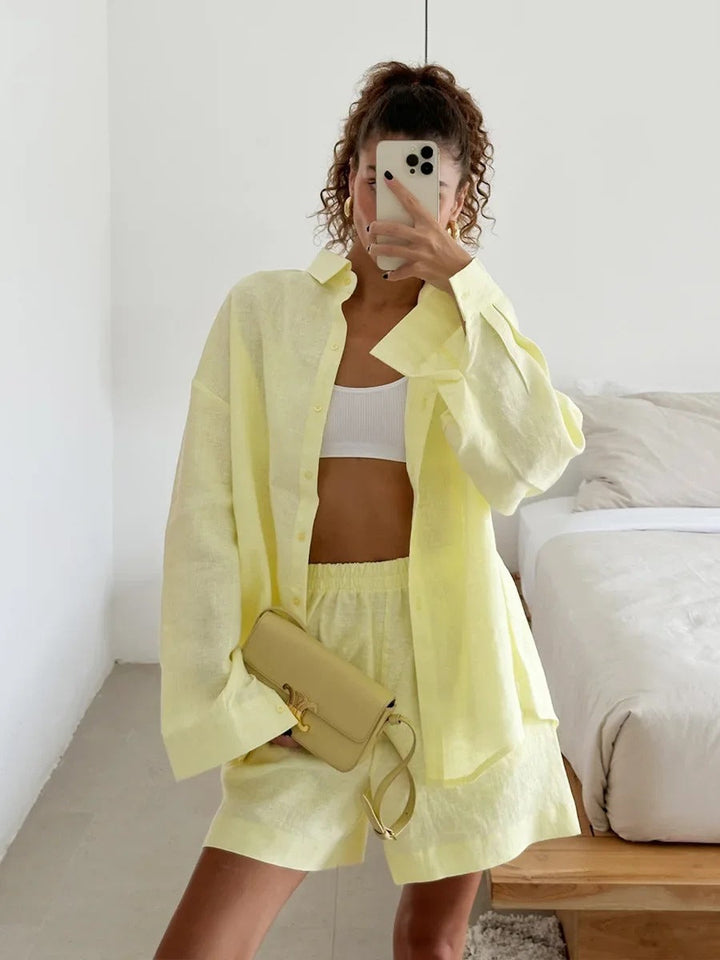 Damen lässiges Leinen Set mit lockerer Bluse und Shorts Drune