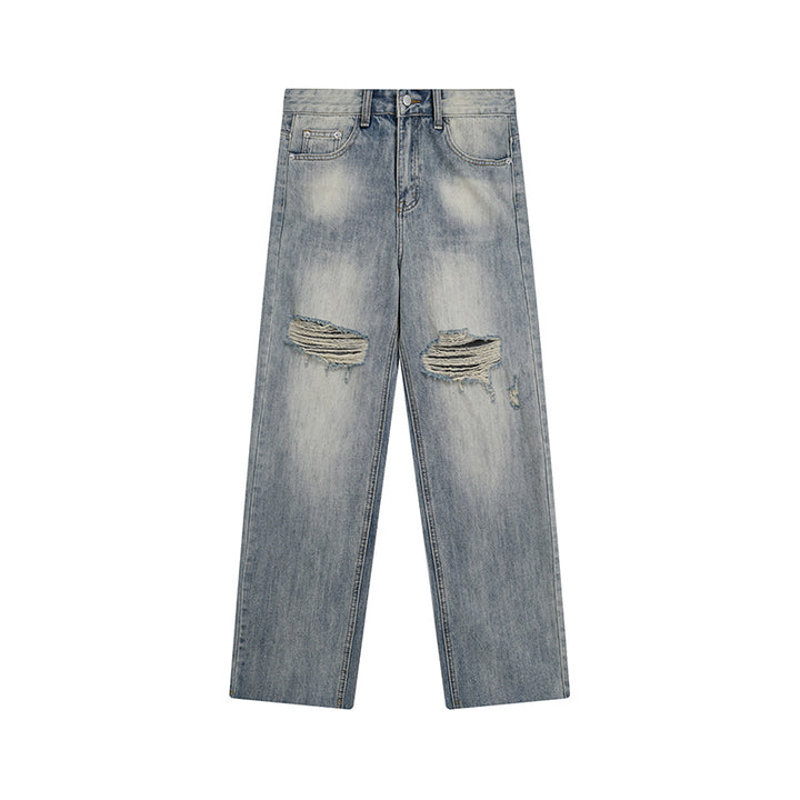 Damen Weite Destroyed-Jeans mit hoher Taille, geradem Bein und Knie-Rips Drune