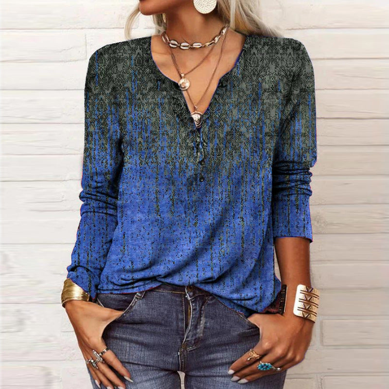 Damen Lockeres Langarm‑Henleyshirt mit V‑Ausschnitt, Knopfleiste und Ombre‑Print Drune