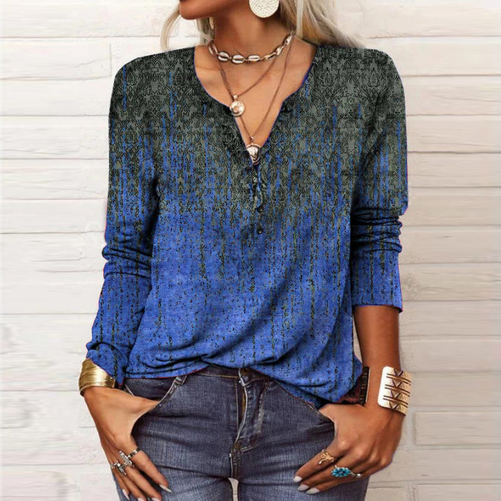 Damen Lockeres Langarm‑Henleyshirt mit V‑Ausschnitt, Knopfleiste und Ombre‑Print Drune
