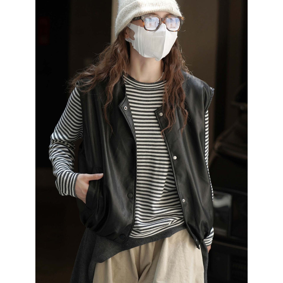 Damen Ärmellose Lederimitat-Weste mit Druckknopfverschluss und lockerer Layering-Silhouette Drune