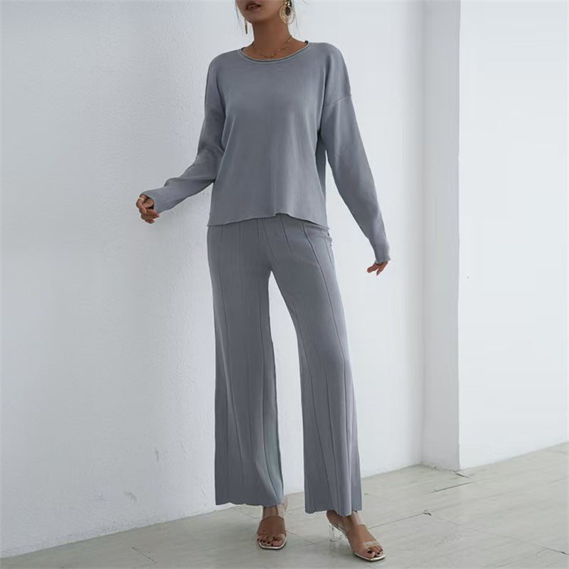 Damen lässiges und elegantes Strick-Loungewear-Set mit weitem Bein und feinen Rippenstrukturen Drune