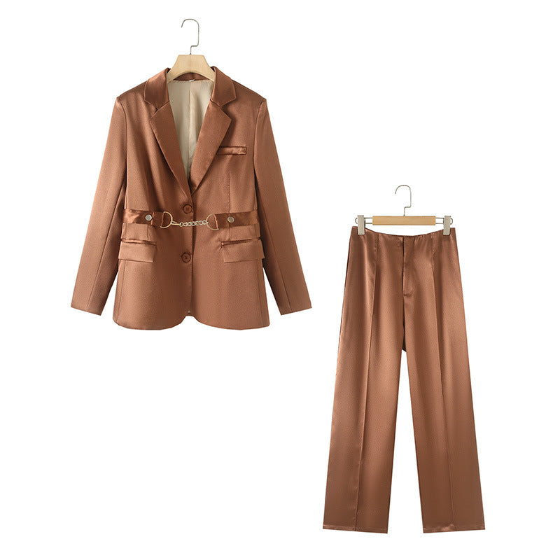 Damen elegantes Satin-Blazer-Set mit Kettenakzent Drune