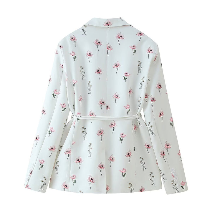 Damen modische Blazerjacke mit floralem Muster und Taillengürtel Drune