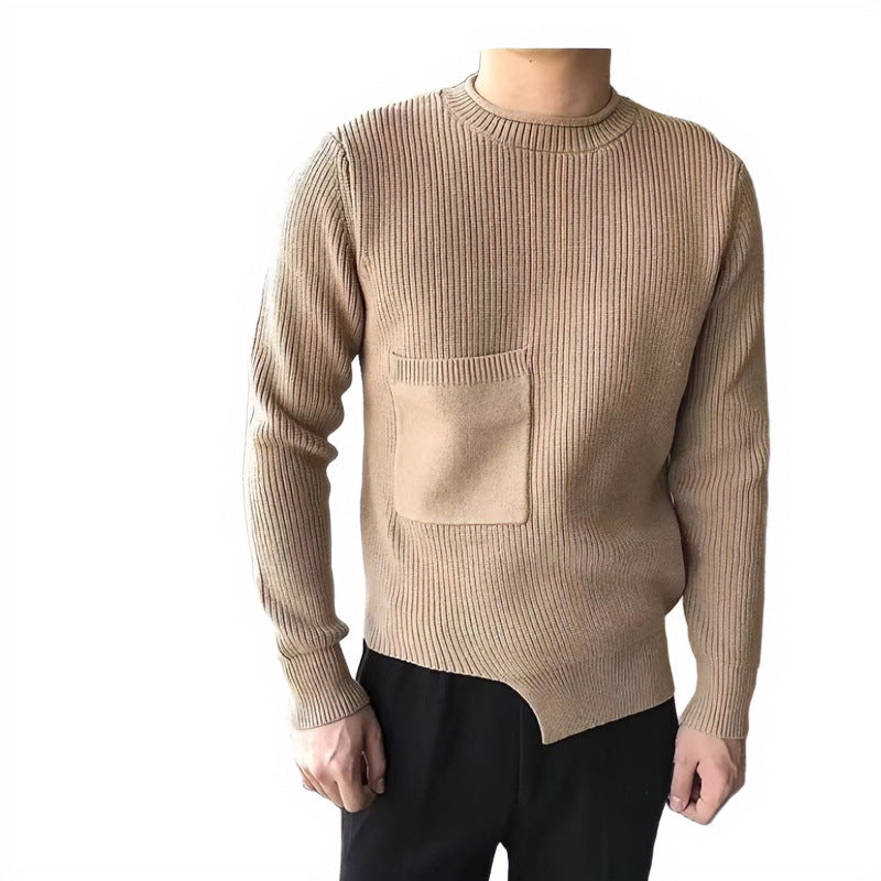 Herren Grobgerippter Rundhalspullover mit aufgesetzter Brusttasche Drune