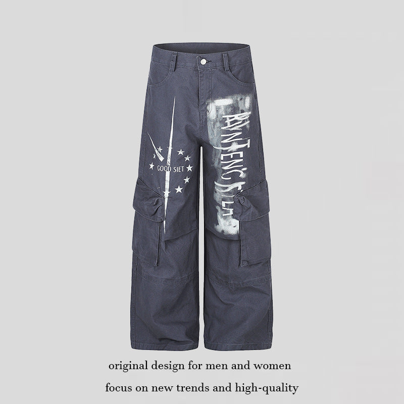 Damen weite Cargo‑Culotte‑Hose mit Graffiti‑Print und großen Klappentaschen Drune
