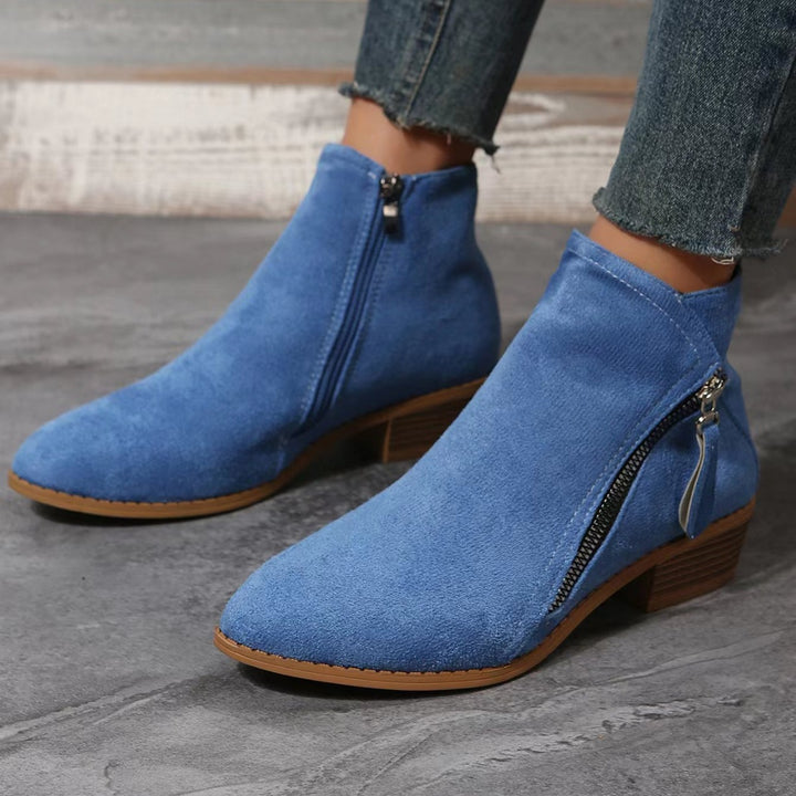 Damen nan klassische knöchelhohe Microvelours-Stiefelette mit seitlichem Reißverschluss und niedrigem Blockabsatz Drune