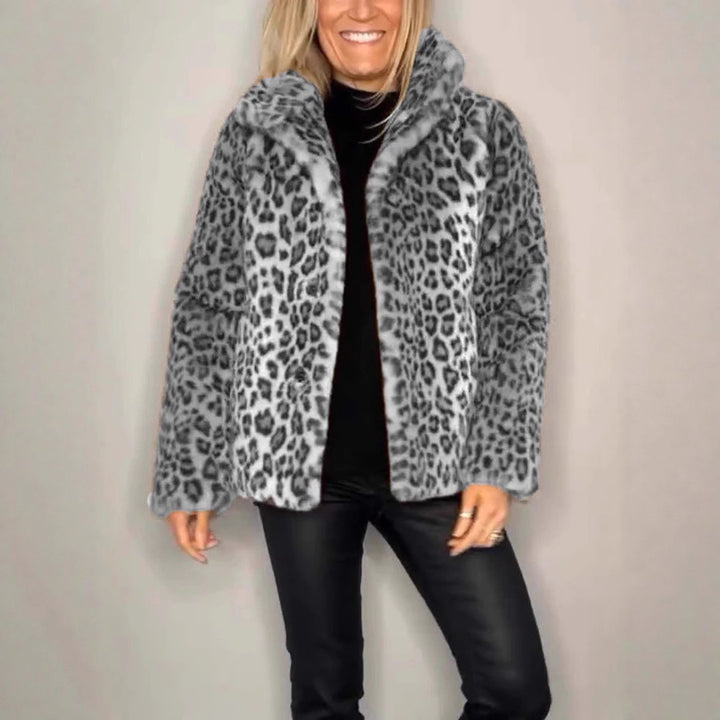 Damen Flauschige Leopardmuster Jacke mit hohem Kragen Drune