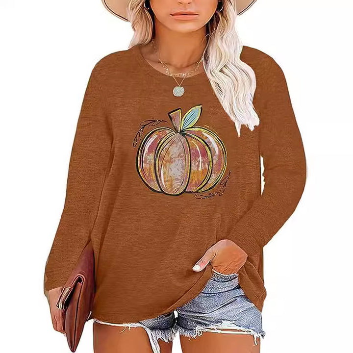 Damen Langarmshirt mit herbstlichem Kürbis-Motiv Drune
