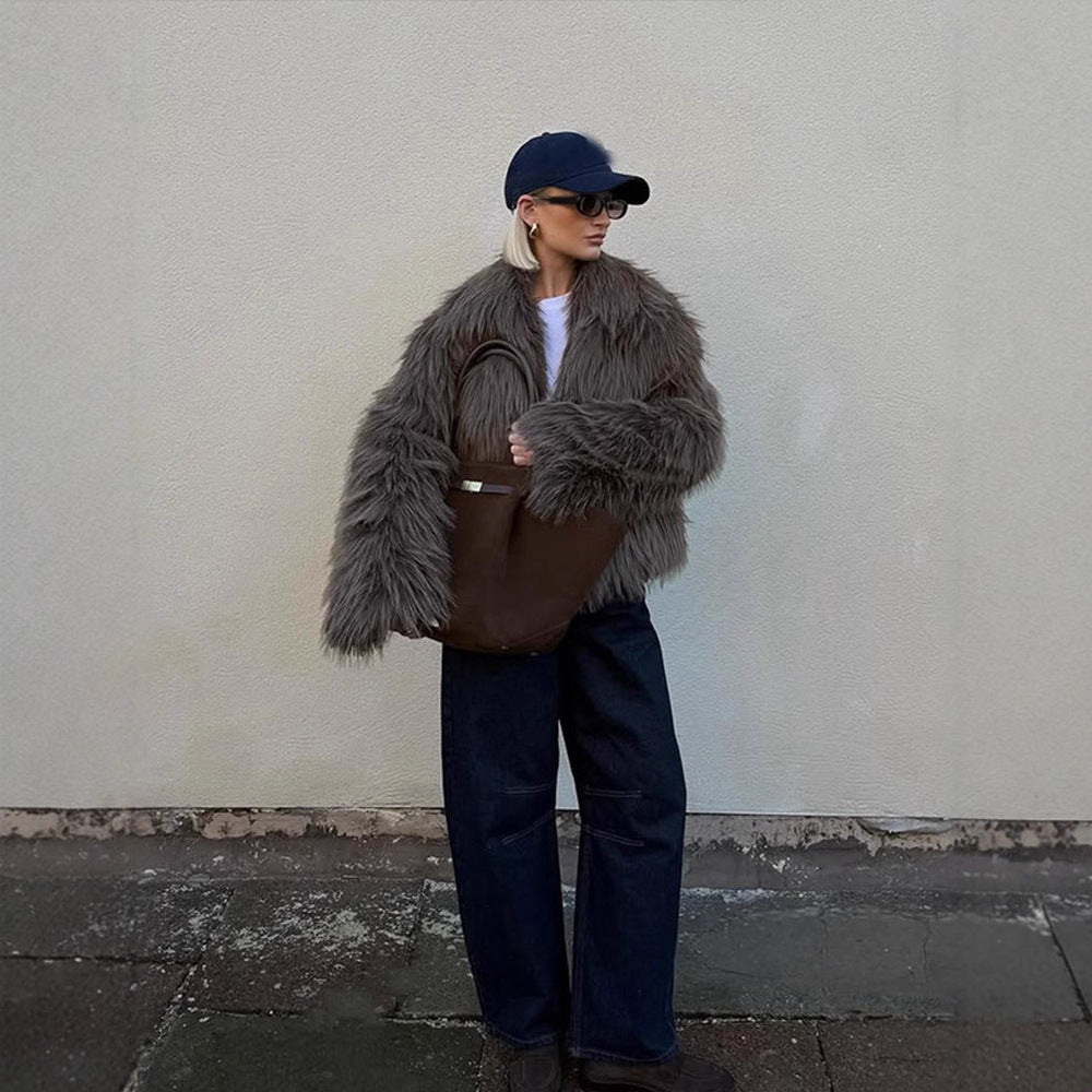 Damen Oversize Kurzjacke aus Kunstfell im Shaggy-Look mit voluminösem Schalkragen Drune