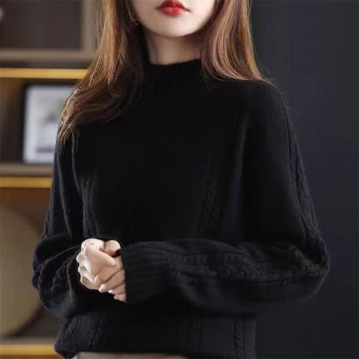 Damen kuscheliger Strickpullover mit hohem Kragen und Zopfmuster Drune