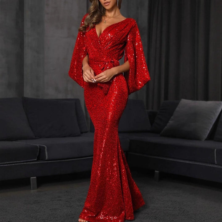 Damen Elegantes Pailletten-Mermaid-Kleid mit tiefem V-Ausschnitt und voluminösen Ärmeln Drune