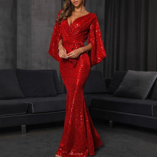 Damen Elegantes Pailletten-Mermaid-Kleid mit tiefem V-Ausschnitt und voluminösen Ärmeln Drune