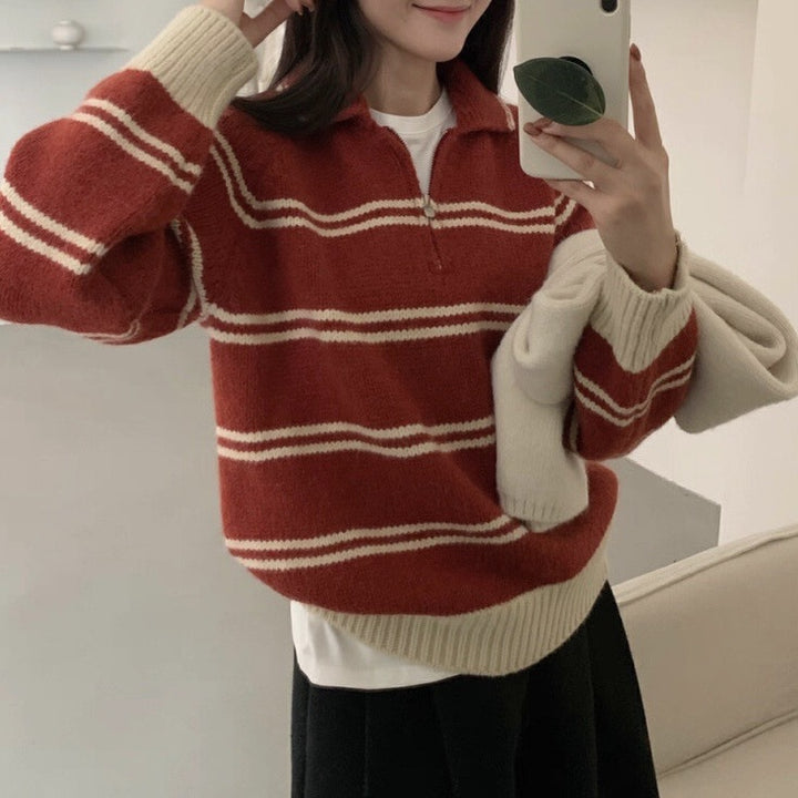 Damen Gemusterter Pullover mit Stehkragen und Kontrastdetails Drune