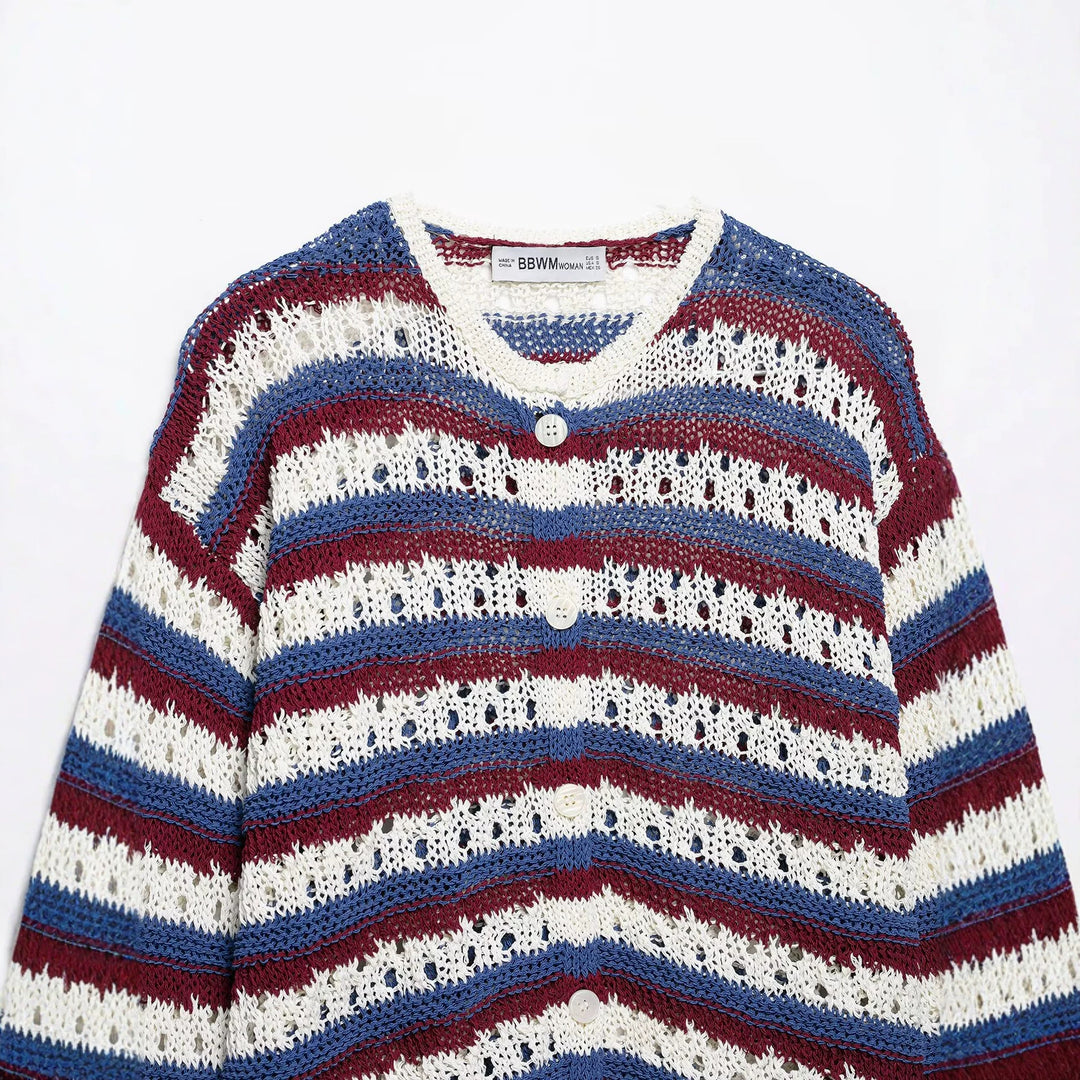Damen gestrickte Cardigan im Ajour‑Streifenmuster mit Knopfleiste und Rundhalsausschnitt Drune