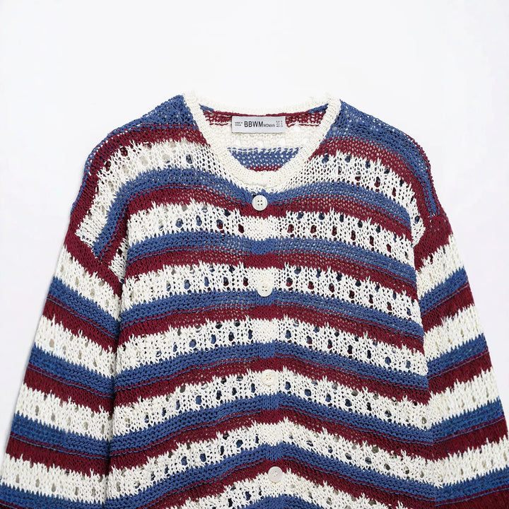 Damen gestrickte Cardigan im Ajour‑Streifenmuster mit Knopfleiste und Rundhalsausschnitt Drune