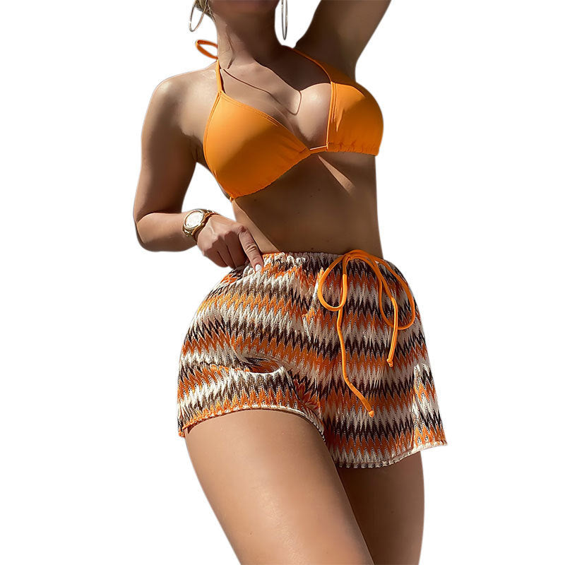 Damen Triangel-Bikini mit floralem Muster und lässigen Shorts Drune
