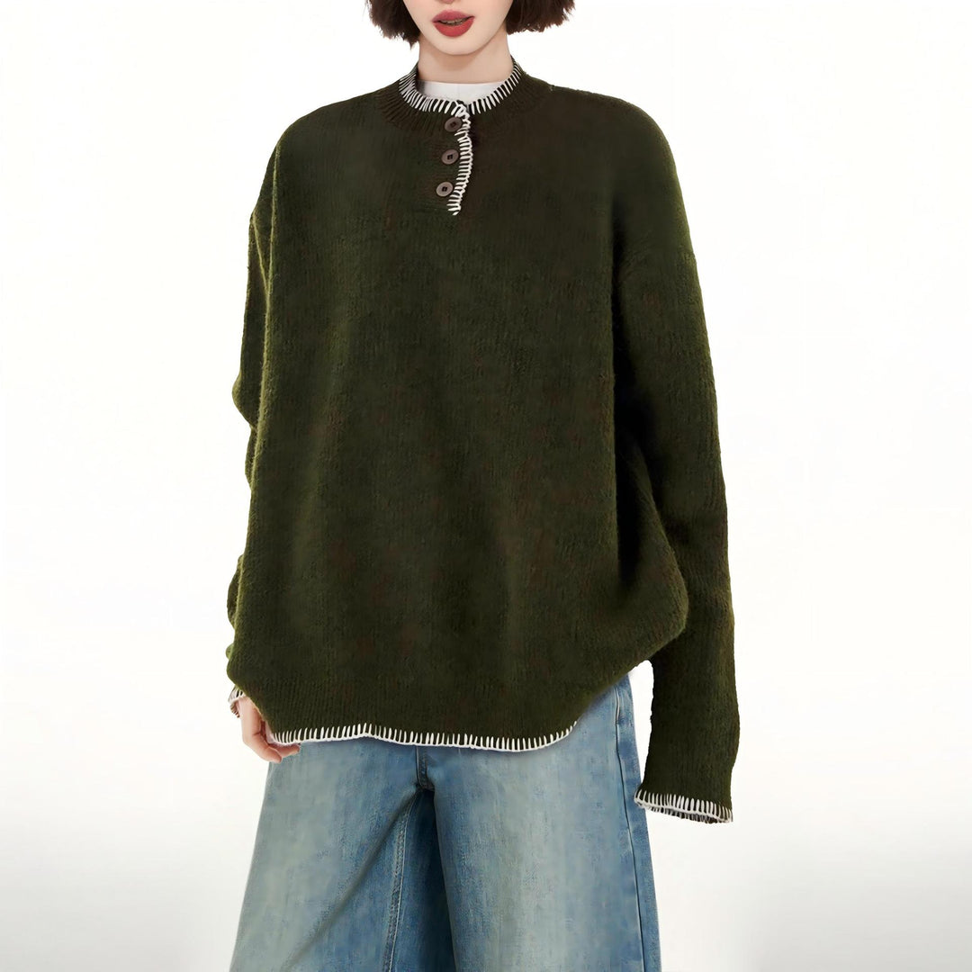 Damen Lässiger Pullover mit dekorativen Knopfdetails und kontrastierenden Abschlüssen Drune