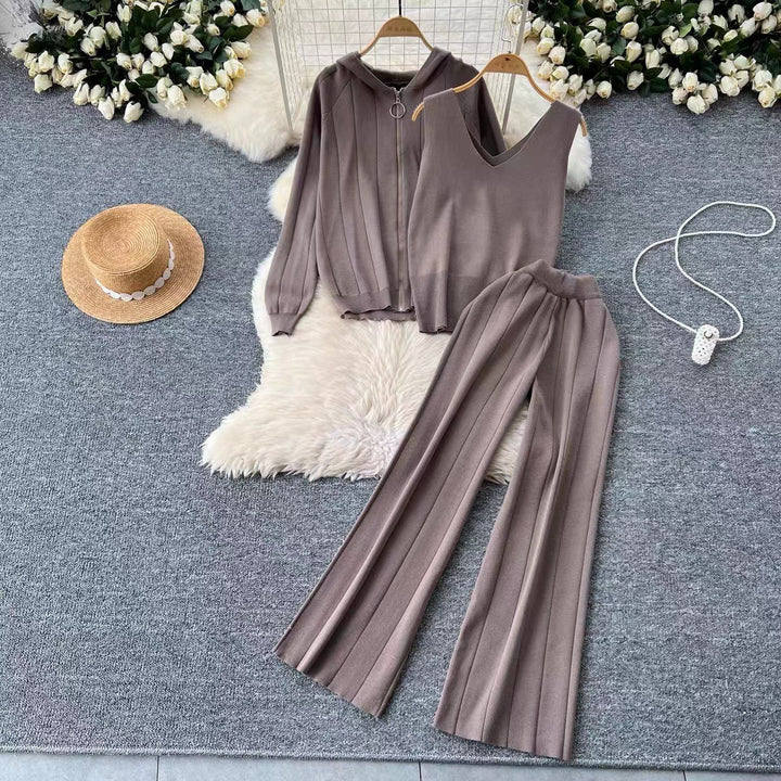 Damen modisches Strick-Loungewear-Set mit V-Ausschnitt und Kapuze Drune